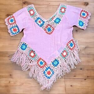 Shoreline Blouse Womens Pink Crochet Crepe Granny Square Size L/XL RUNS SMALL